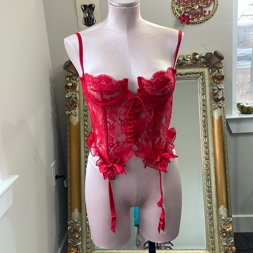 Vintage rare Victoria's Secret gold tag corset red lace bow top size 34B